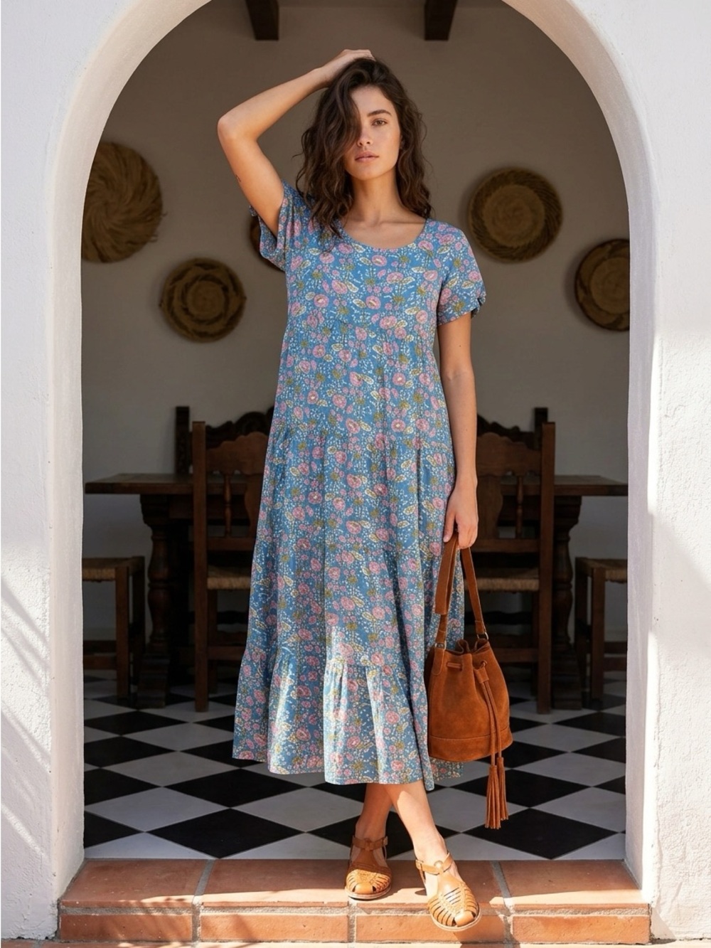 Natural Life Berkeley Maxi Dress Large Blue Floral Tiered Boho Rayon Cottagecore